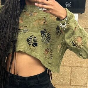 Cute Green Long Sleeve Cropped Sweater